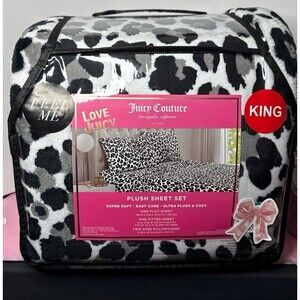New Jui Couture King  Plush Sheet Set Black Grey Leopard Print Super Soft&Cozy